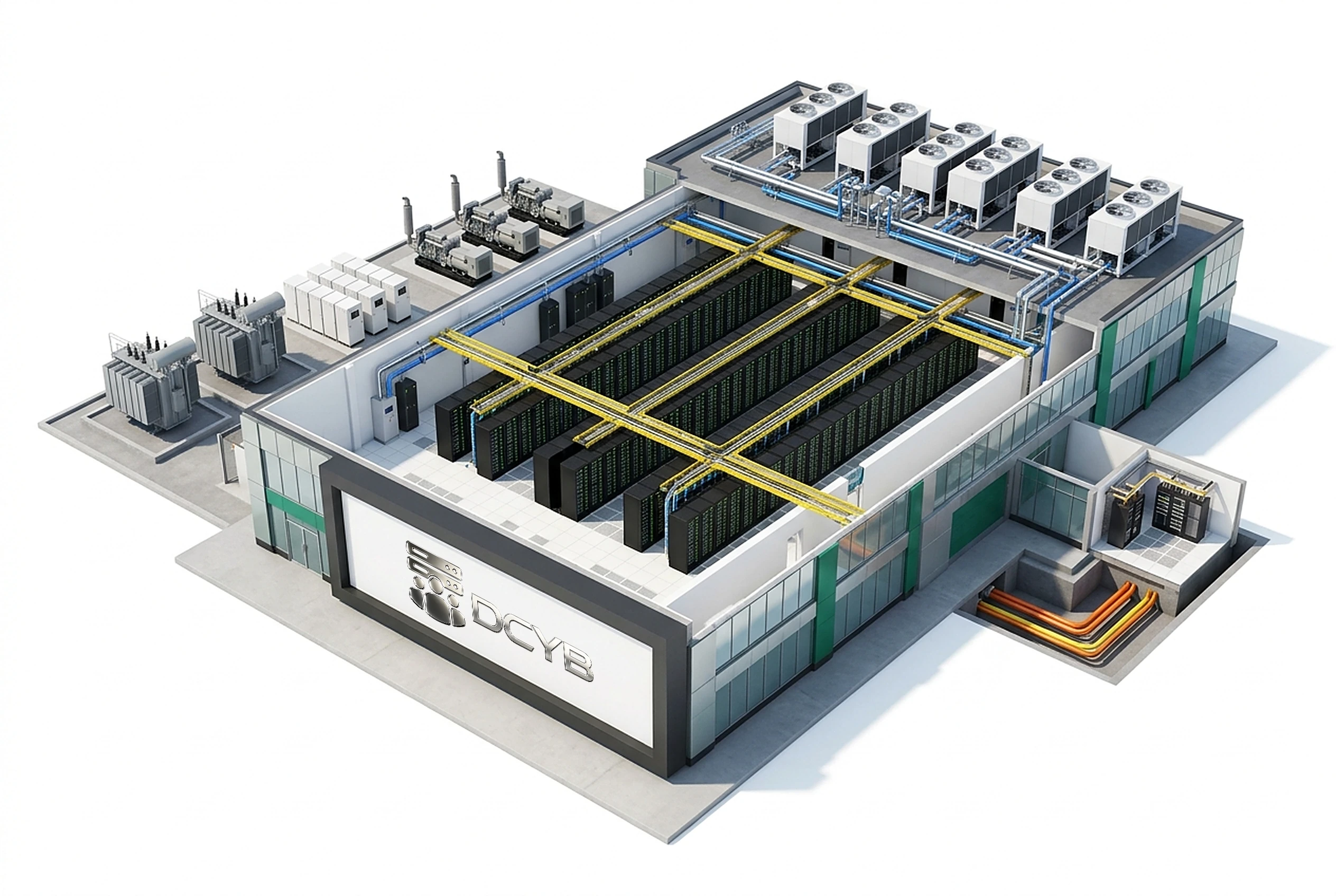 Cutaway render of a modern data center with a DCYB sign on the front wall: server halls in the middle, transformers, generators and batteries on the left, rooftop chillers above and fiber conduits on the right